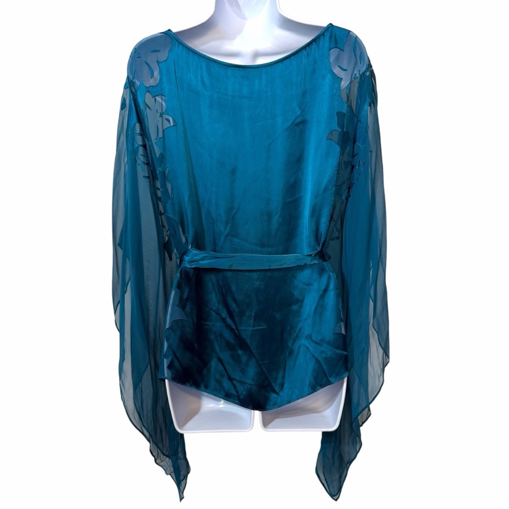 Vintage Cache Flutter Sleeves Teal Silk Blend Sheer Blouse with Tie Waist - Picture 4 of 11